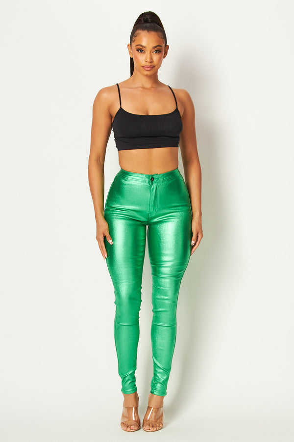 Super High Waisted Faux Leather Stretchy Skinny Jeans - Metallic Green